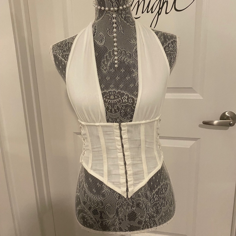 I AM GIA Sexy XS White Corset Style Women’s Mesh Shirt Top